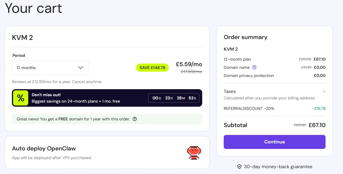 OpenClaw VPS 12-month plan: KVM 2 at £67.10 total with 20% discount and free domain