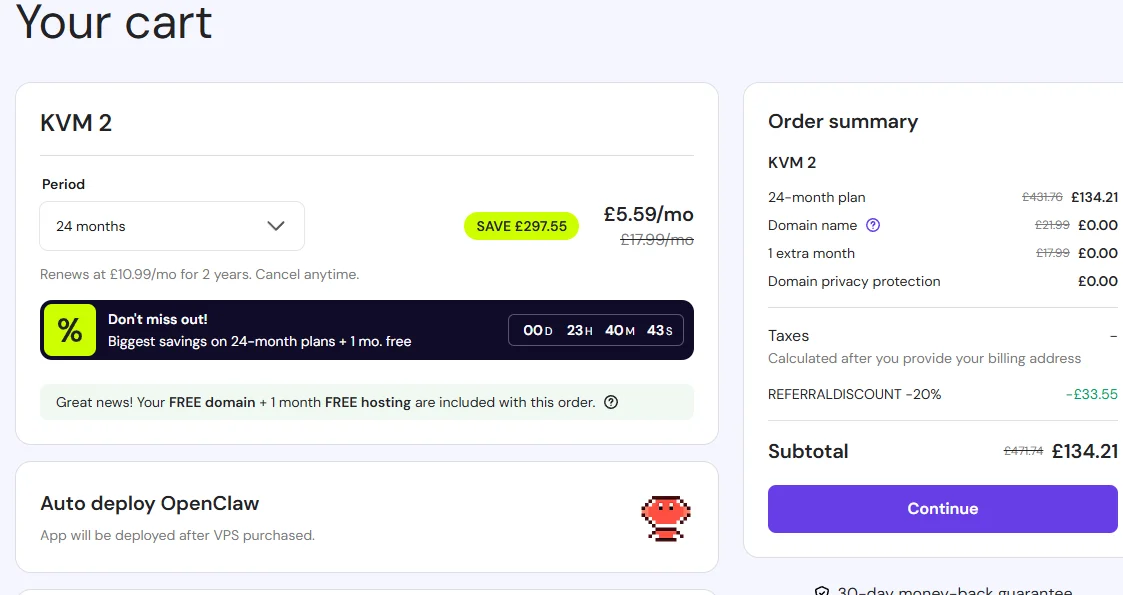 OpenClaw VPS 24-month plan: KVM 2 at £134.21 total with 20% discount - best value